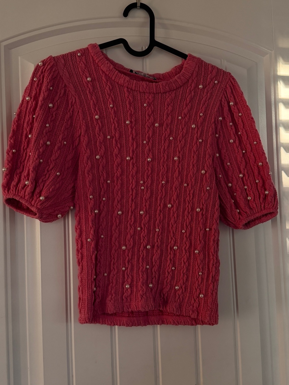 Zara- Women's Pink Pearl-Embellished Cable Knit Cropped Sweater